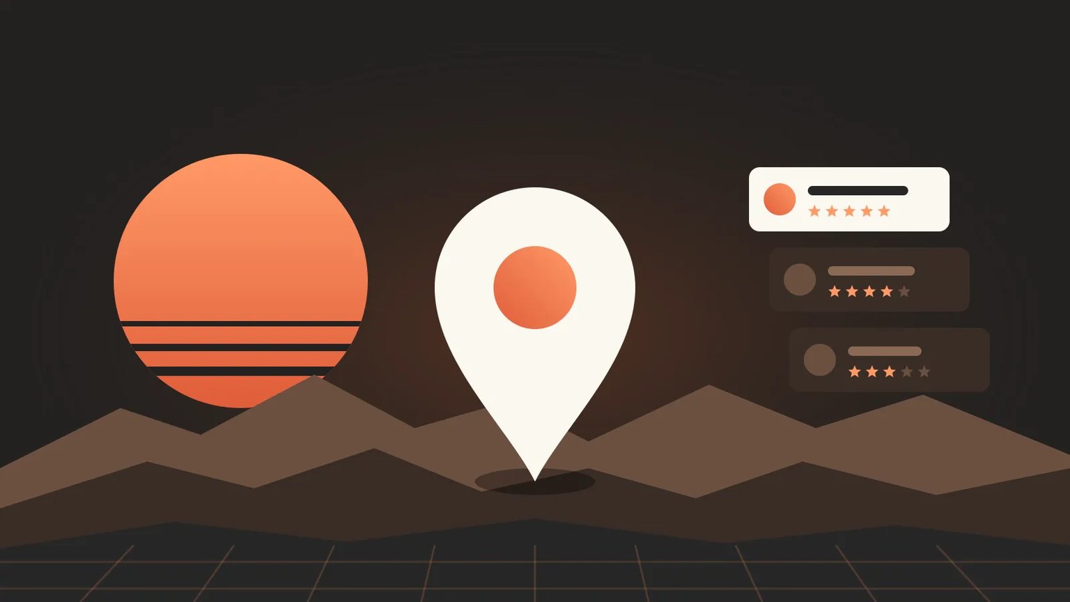 A large map pin over a desert street grid at sunset, beside three business listing cards with star ratings
