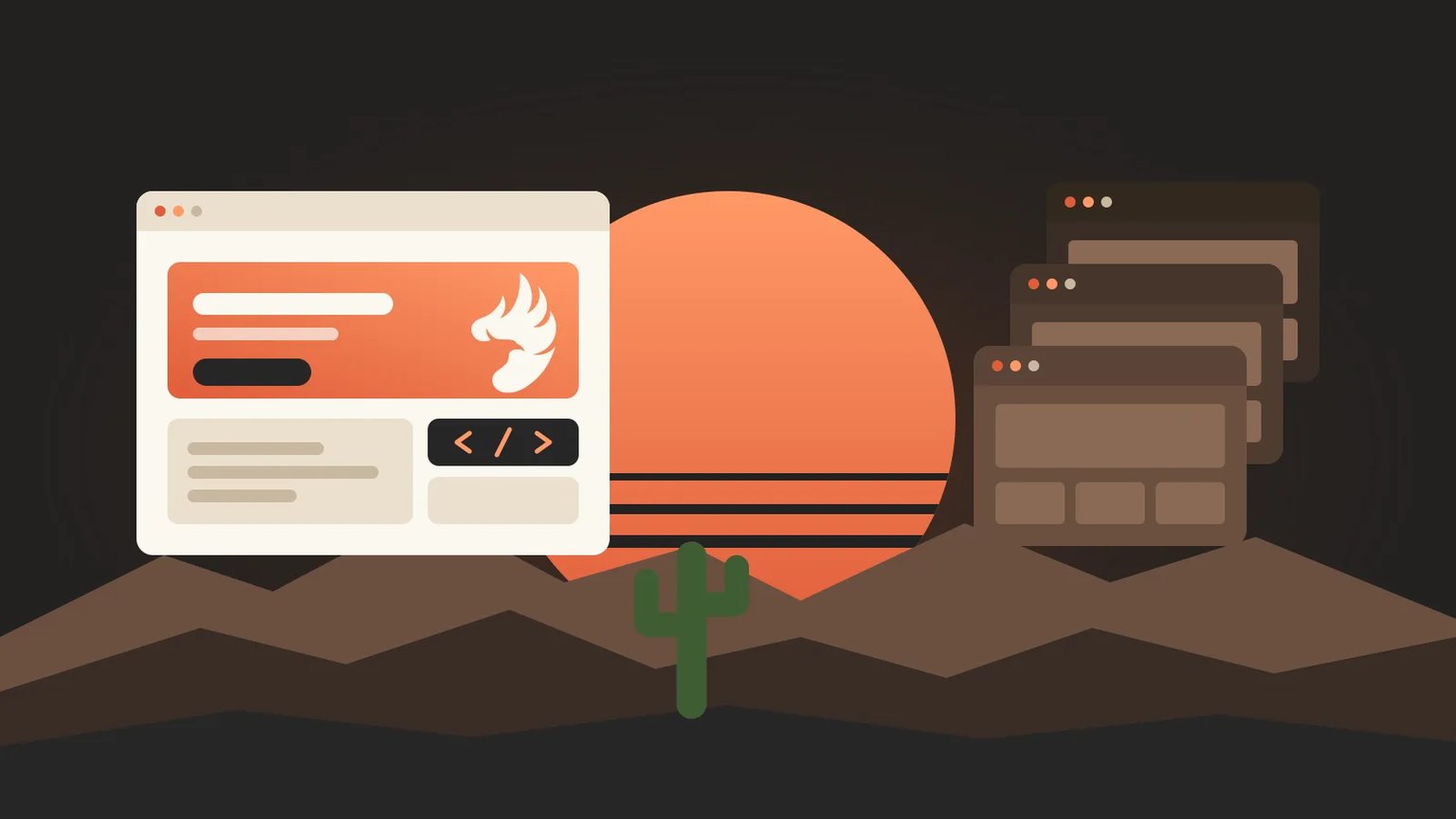 Split illustration comparing custom web design, with hand-written code and rising performance charts in a desert office, against a generic drag-and-drop website builder with templates and falling performance
