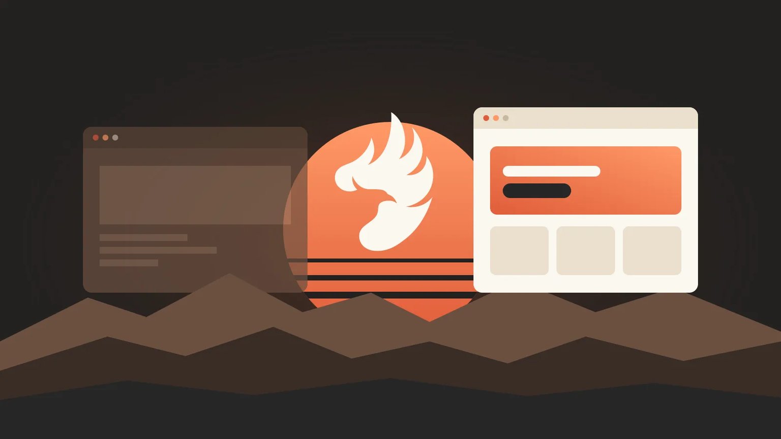 An old, faded browser window beside a bright new one with a phoenix rising between them