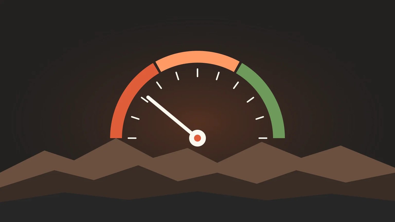 A speedometer gauge with its needle in the orange zone, set against desert mountains at sunset