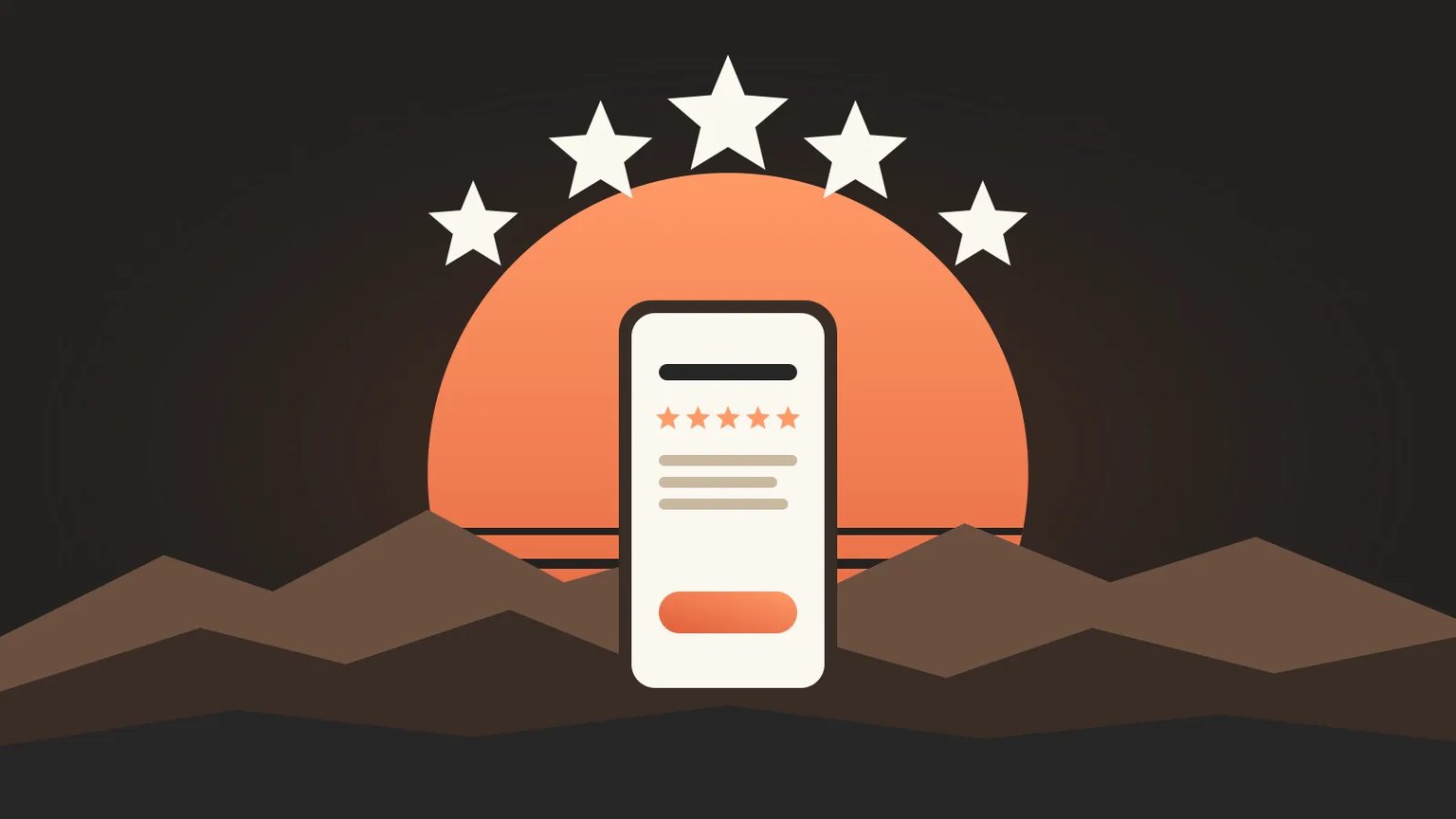 Five glowing stars rising above a smartphone in front of desert mountains at sunset