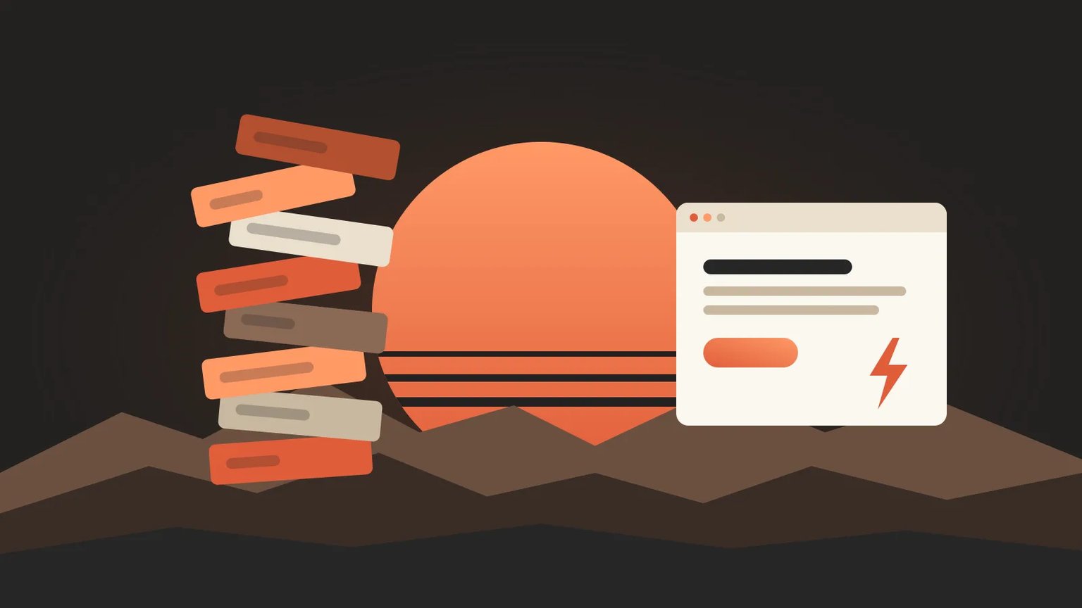 A tall, wobbling stack of plugin blocks next to a single clean, lightweight website card under a desert sun